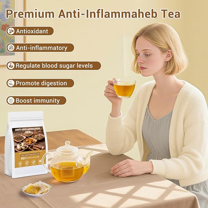 Anti-Inflammaheb Tea, 100% Natural Inflammation Tea from Premium Turmeric, Ginger, Cinnamon, Cardamom, Cumin, Coriander Seeds Herbal Ingredients, Supports Antioxidant, Boost Immunity (1 Pack/120 Bags）