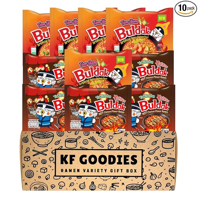KF GOODIES Korean Ramen Variety Pack Gift Box (10 Count) – Spicy Buldak Noodle Assortment for Birthdays, College Care Packages, Office Snacks, and Gift Baskets