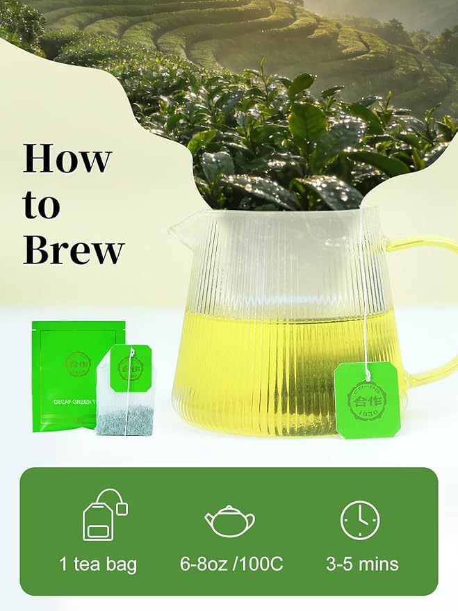 CO-OP 1950 Decaf Green Tea Bags, Naturally Decaffeinated Pure Green Tea, Smooth, Fresh & Clean Flavor, CO₂ Decaf Process, Individually Wrapped, Hot or Iced, 20 Count