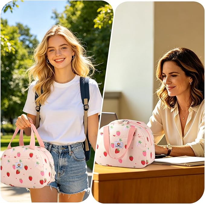 CaCTOUR Lunch Box for Women,Cute Lunch Box Cooler Bag, Portable Insulated Small Lunch Bag Women Reusable Corduroy Lunch Tote for Work/Travel/Picnic (Strawberry)