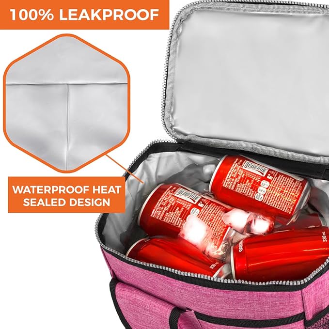 opux Insulated Lunch Box for Men Women Kids, Leakproof Reusable Lunch Bag Cooler for Work School Office, Soft Thermal Lunchbox Tote Shoulder Strap for Boys Girls Adults, Heather Pink, 18 Can/10L