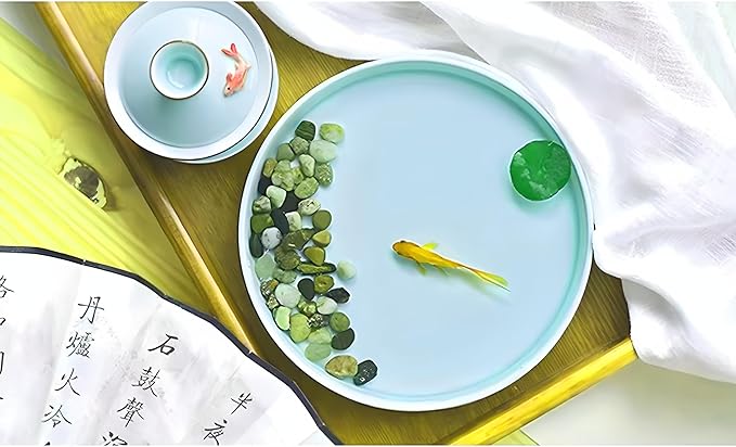 Yixing Handmade Celadon Colorful Koi Fish Gaiwan,Chinese Gongfu Tea Cup,Japanese Teacup, Tea Bowl with Lid and Saucer(Gaiwan)