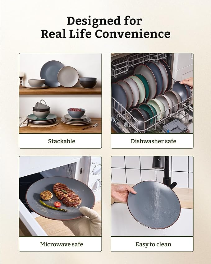 Famiware Venus Plates and Bowls Sets with Trim, 12 Pieces Speckled Stoneware Dishes Dinnerware Set for 4, Matte Charcoal - Microwave & Dishwasher Safe, Modern Minimalist, Everyday & Formal Dining