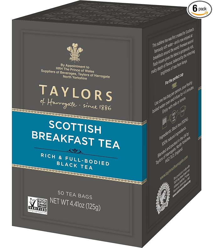Taylors of Harrogate Scottish Breakfast, Black Tea, Pillow Tea Bags, 50 Count (Pack of 6), Strong, Malty and Full, Caffeinated, Enjoy Hot or Iced, 300 Teabags Total