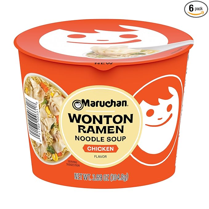 Maruchan Wonton Ramen Bowl, Chicken Flavor – Japanese-Style Instant Noodle Soup, Microwaveable Easy Meal – 3.69 Oz. (6 Pack)