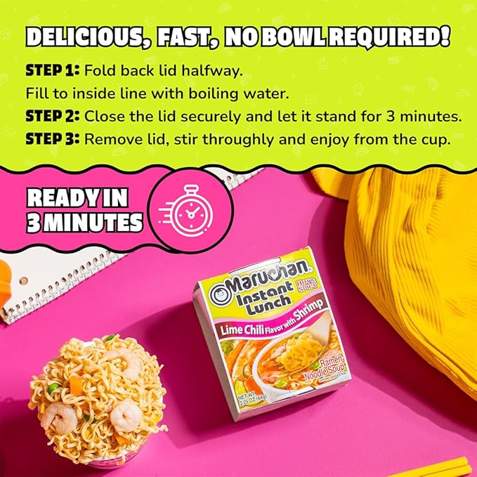 Maruchan Instant Lunch Ramen Noodles, Lime Chili with Shrimp – Japanese-Style Instant Noodle Soup, Easy Meal Ready in 3 Minutes – 2.25 Oz. (12 Pack)
