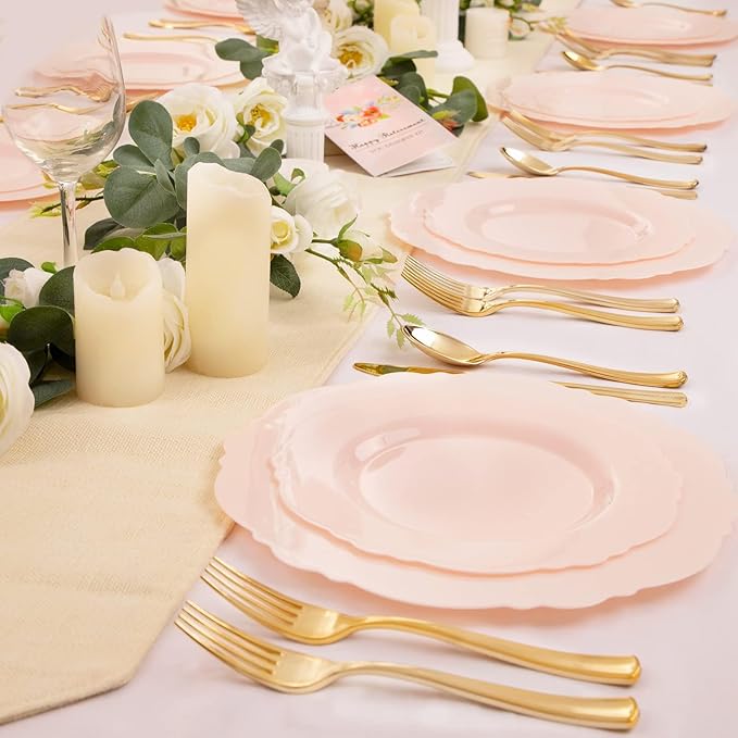 WDF 60pcs Pink Plastic Plates - Baroque Pink Disposable Plates Including 30 Dinner Plates 10.25inch, 30 Dessert Plates 7.5inch for Upscale Wedding/Baby Shower/Spring