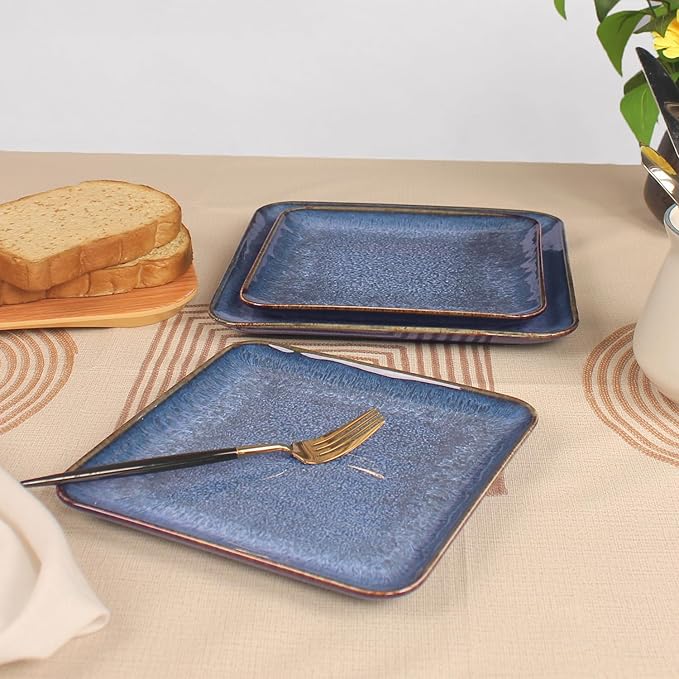 4-piece ceramic dinner plate set, suitable for steak, pasta and pizza, microwave- and dishwasher-safe, scratch-resistant, blue 9-inch square dinner plate