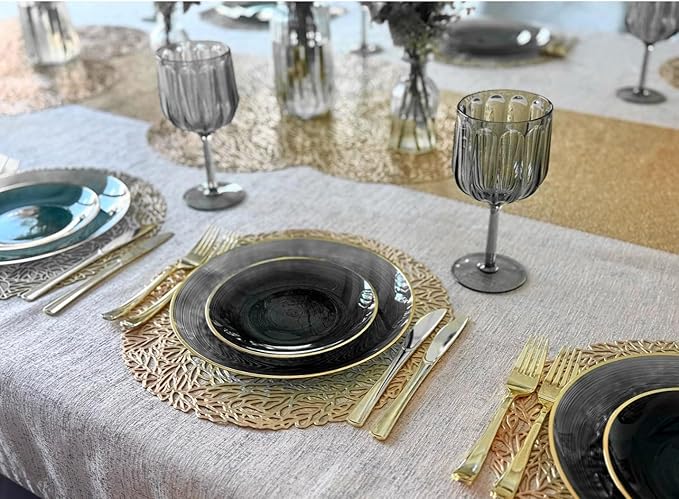 " OCCASIONS " 50 Plates Pack (25 Guests)-Wedding Party Disposable Plastic Plate Set -25 x 10'' Dinner + 25 x 7'' Salad & Dessert plates (Belize in Smoke Gray & Gold)
