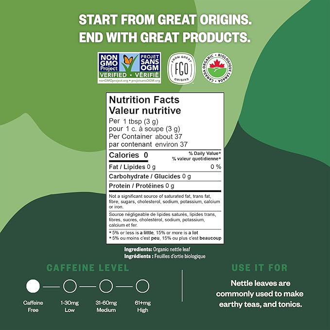 FGO Organic Nettle Leaf Loose Tea, Cut and Sifted, Caffeine Free, 4oz Resealable Bag, Packaging May Vary (Pack of 1)