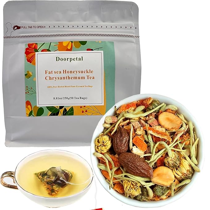 100% Pure Herbal Blend Plant-Pyramid Tea Bags （A pack of 50 bags）8.81oz/250g，Caffeine Free, Gluten Free 胖大海金银花菊花茶(Fat sea Honeysuckle and Chrysanthemum Tea)