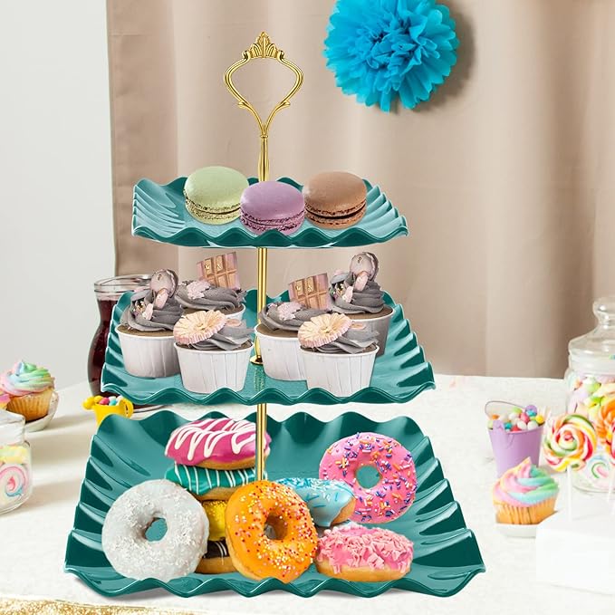 DAFURIET Dessert Cupcake Stand, 3 Tier Cup Cake Holder Tower for Tea Party/Birthday/Wedding, Plastic Tiered Serving Tray with Metal Rod (Green)