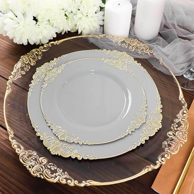 Efavormart 10 Pack | 10" Gray and Gold Baroque Dinner Plates, Leaf Embossed Metallic Rim Heavy Duty Serving Plates for Contemporary Industrial Banquets