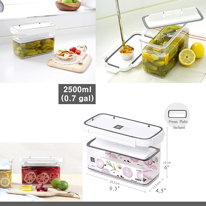 Pickle keeper Press Plate Food Storage Container Organizer for Kimchi Sauerkraut Fermentaion Airtight Lid Locking for Preserved Food (2500ml / 0.7 gal)
