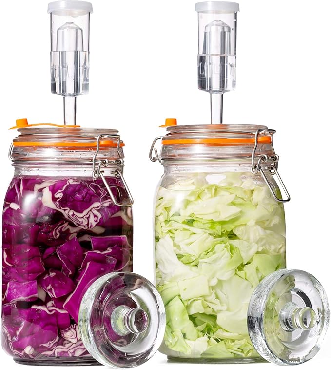 JILLMO Wide Mouth Glass Fermentation Jar with Airlock & Glass Weight, 1.5L Fermenting Jar for Sauerkraut, Kimchi, Pickles & More,Pack of 2