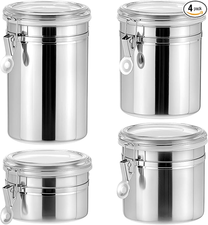 QWORK 4 Pack Stainless Steel Kitchen Storage Canister, Airtight Flour Clamp Canister, 26oz, 36oz, 47oz, 62oz