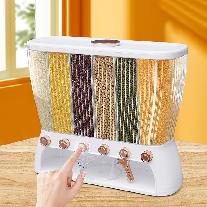 6 Grids Rice & Grain Storage Container 22.05 Pounds Rice Dispenser Food Dispenser Grain Dispenser One-Button Pressing Storage Bucket for Grains Snacks Candy Coffee Beans Dog (White)