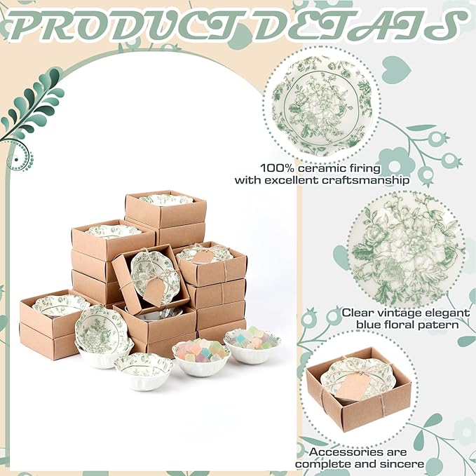 SiliFine 12 Pcs Wedding Favors for Guests Small Ceramic Bowl Bulk Gifts Set 3.3 Inch Floral Design Mini Dipping Sauce Dish with Card Box for Bridal Pooja Baby Shower Birthday (Flower,Sage Green)