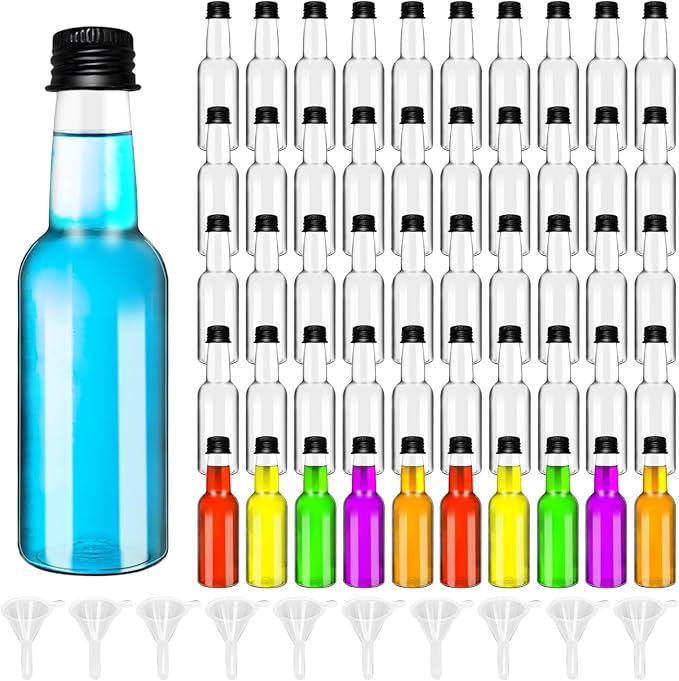 50 Pack 2 oz Mini Liquor Bottles with Black Cap,Airtight Plastic Spirit Bottle with 10 Funnels,Plastic Alcohol Shot Bottles for Weddings,Party Supplies