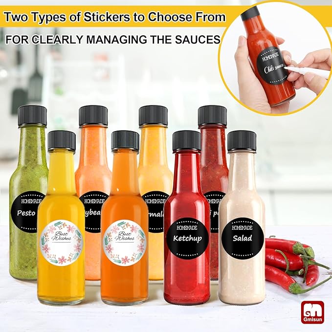 GMISUN Mini Hot Sauce Bottles 3 oz, 24 Pack Ginger Shot Bottles with Shrink Capsules, Glass Mini Wine Bottle with Label, for Kitchen Sauce Oil