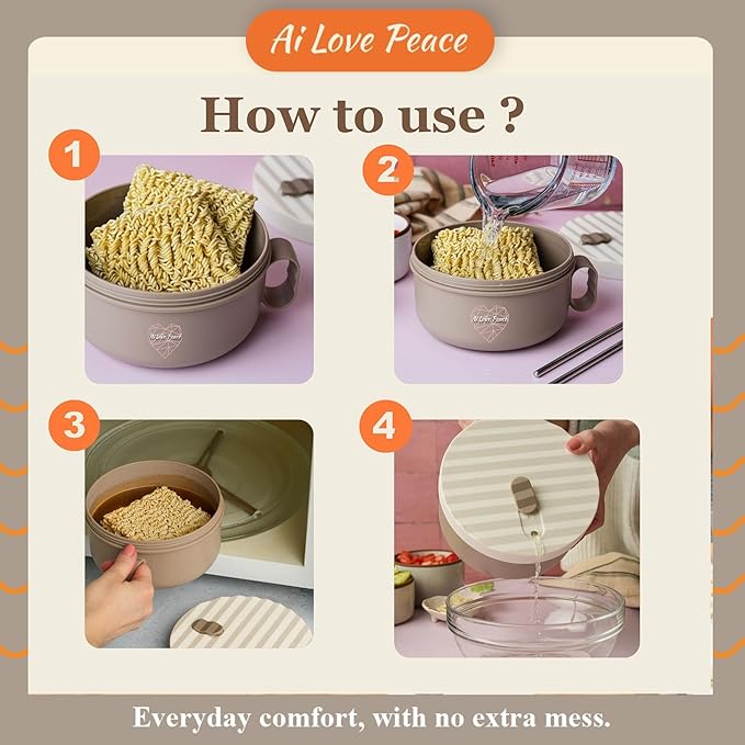 AI LOVE PEACE Ramen Bowl, 40 oz Microwaveable Noodle Cooker for Ramen, Pho, Soup, and Pasta, Dishwasher Safe and Portable, Ideal for Home, Office, Dorm, or Gift (Beige)