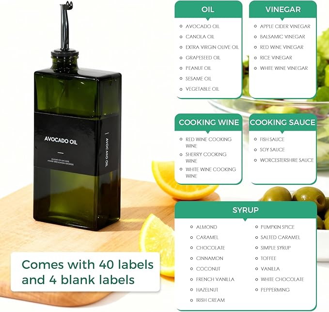 WISIMMALL Olive Oil Dispenser Bottle For Kitchen, 17OZ UV-Blocking Oil And Vinegar Dispenser Set Of 2, Soy Sauce Cooking Oil Dispenser with 2 Stainless Steel Pourers & 44 Labels