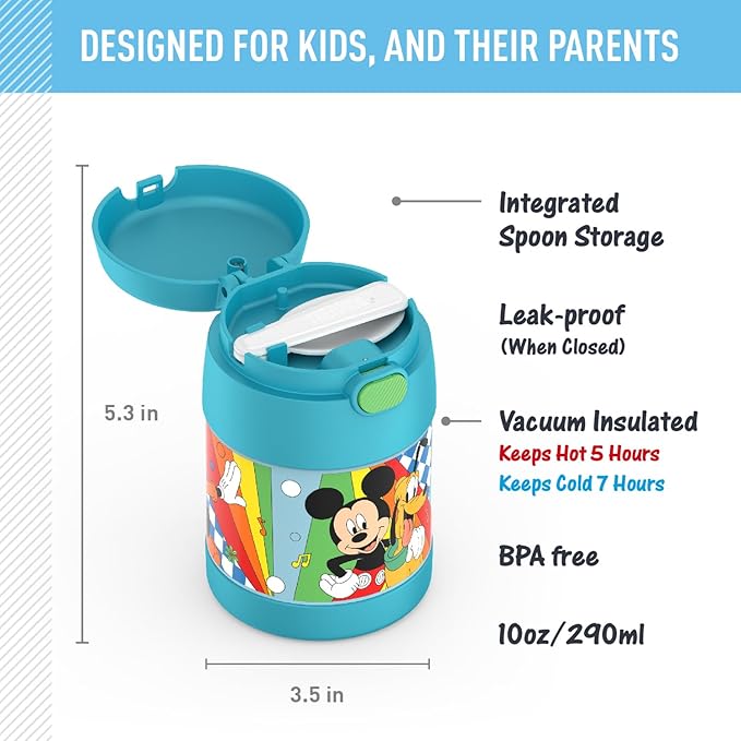 THERMOS FUNTAINER 10 Ounce Stainless Steel Vacuum Insulated Kids Food Jar with Spoon, PRESCHOOL MICKEY