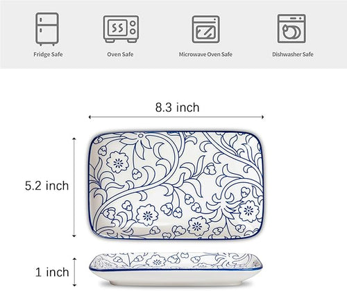 Selamica Ceramic Rectangular Salad Plates Set of 4, 8 Inch Small Serving Plates for Appetizers, Sushi, Fruit, Vintage Blue