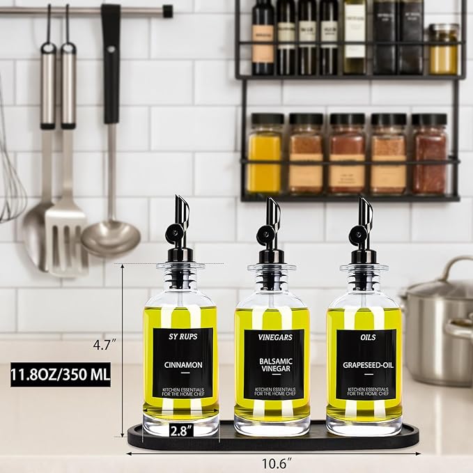 3PCS Olive Oil Dispenser Bottle For Kitchen, Soy Sauce Dispenser, Glass Oil and Vinegar Dispenser Set W. Wooden Tray & Labels & 3 Replacement Spouts, Coffee Syrup Dispenser(Clear)