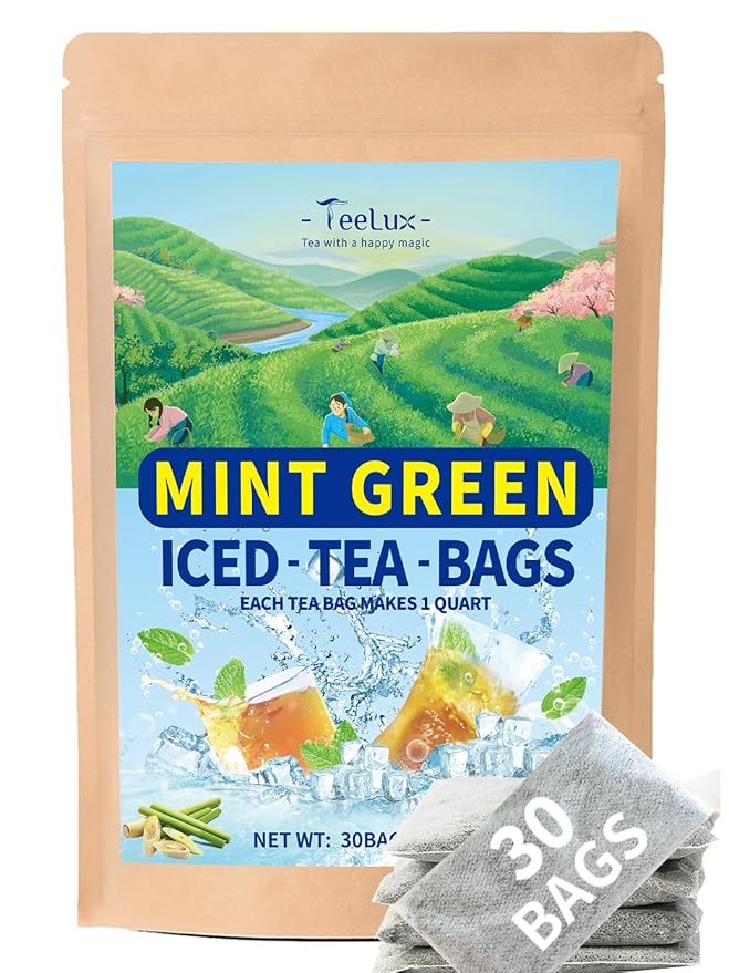 TeeLux Mint Green Tea Bags, Green Tea with Peppermint, Spearmint, and Lemongrass, Large Size for Iced Tea, 30 Count, Corn Fiber Tea Bags