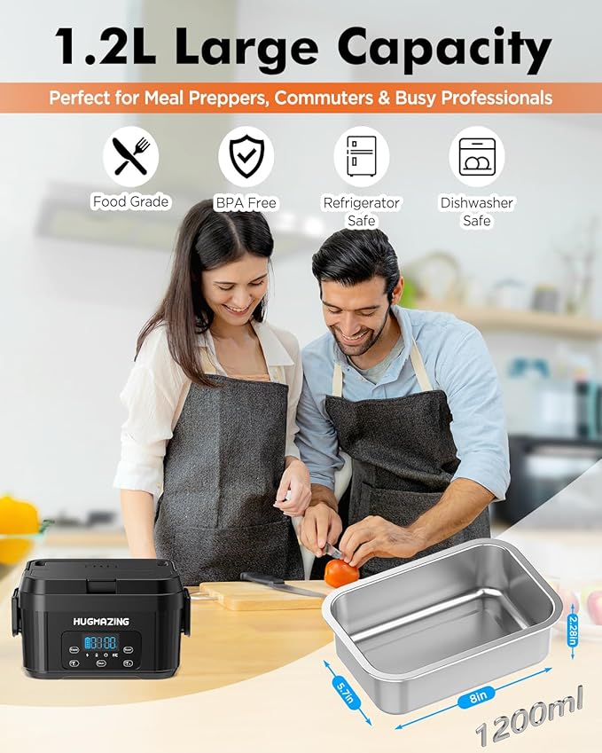 Hugmazing Cordless Electric Lunch Box for Adults, Men & Women – Rechargeable Self-Heating Food Warmer with 1.2L SS Container, Battery-Powered Heated Lunch Box, Perfect for Work and Travel Use