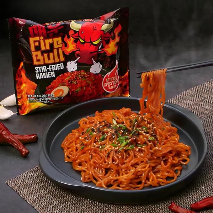 [Fire Bull Ramen] Intense Spicy Stir-Fried Ramen | Authentic Korean Heat Meets Flavorful Delight | Thick, Chewy Noodles | Quick & Easy Meal (4 Pouches)