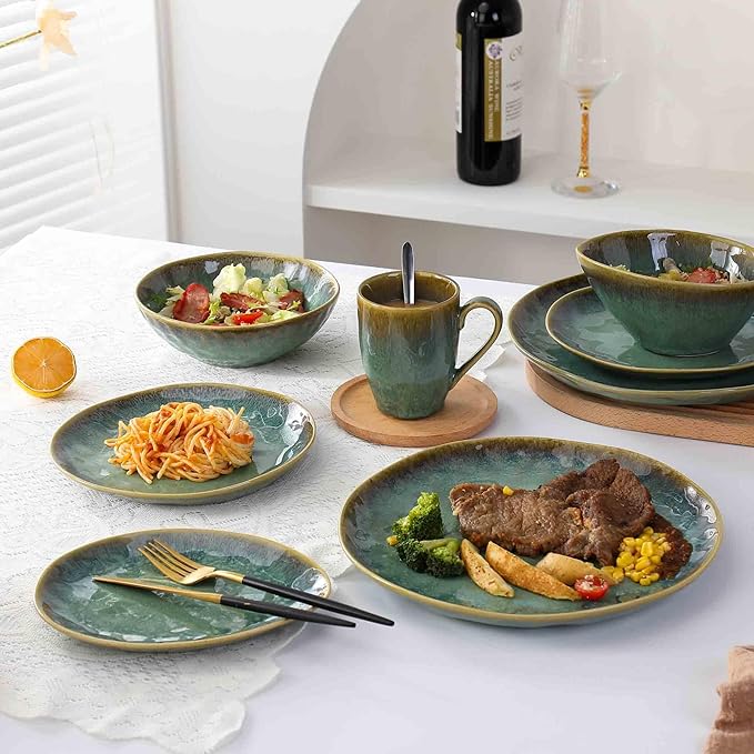 Henten Home Ceramic Dessert Plates, 8.5 Inch Salad Plate Set of 4, Porcelain Snack Serving Dishes for Cake, Kitchen, Microwave & Dishwasher Safe, Reactive Glaze (Green)