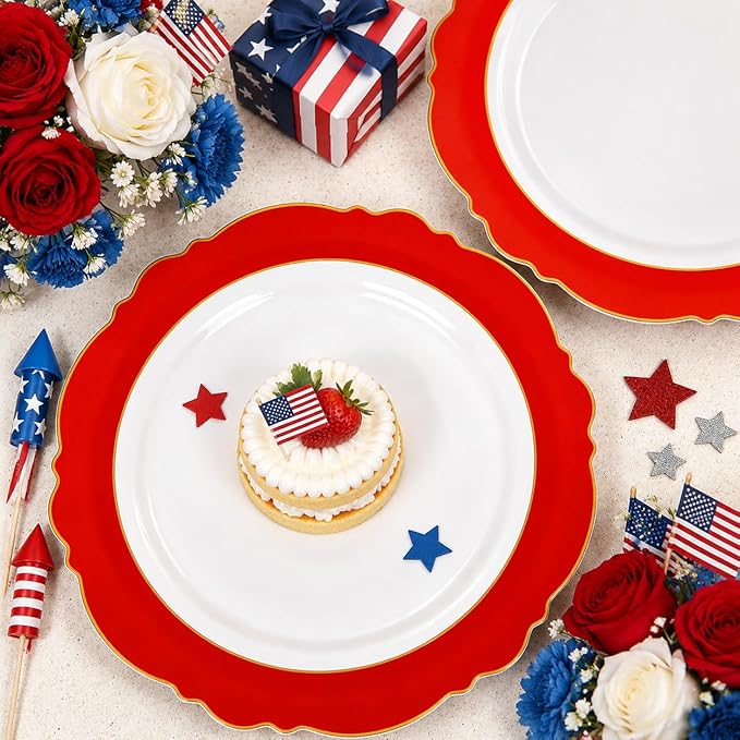 WDF 60pcs Red Plastic Plates with Gold Rim - 10.25inch Red Dinner Plates Disposable Plates for Mother's Day Wedding Party Birthday/Memorial Day/4th of July