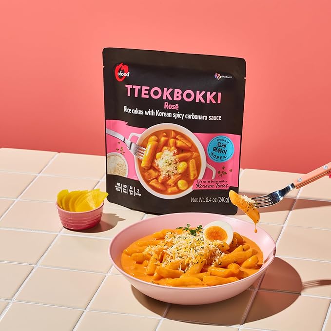 Tteokbokki Korean Rice Cakes – [Rose/Spicy Carbonara | Pack of 2] – Gluten Free | Ready in 3 Minutes | 0 Cholesterol/ 0 Trans Fat | 2 Servings Spicy Street Snack | Healthy/Savory - O’food
