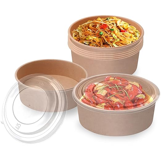 TOPtoper 50 Pack 35 Oz Large Paper Bowls with Lids, Heavy Duty Paper Bowls for Party, Disposable Bowls Bulk Leakproof and Microwave Safe for Hot/Cold Use (35 OZ)