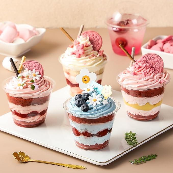 AOZITA 50 Sets, 9 oz Clear Plastic Cups with Dome Lids (No Hole) - Disposable Cups for Ice Cream,Cake,Fruit,Parfait, Dessert, Pudding and Jello Shot