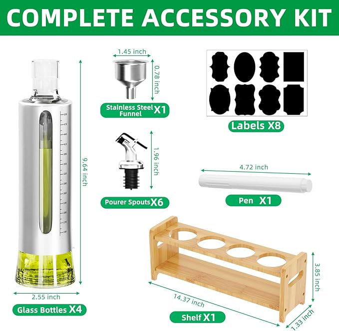 SINYWAY Oil Dispenser Bottle, 4 Pack Glass Olive Oil Dispenser Bottle with Shelf, 17oz/500 ml Oil and Vinegar Dispenser Set Wrapped in Stainless Steel Shell with Pourers, Funnel & Pen and Tags