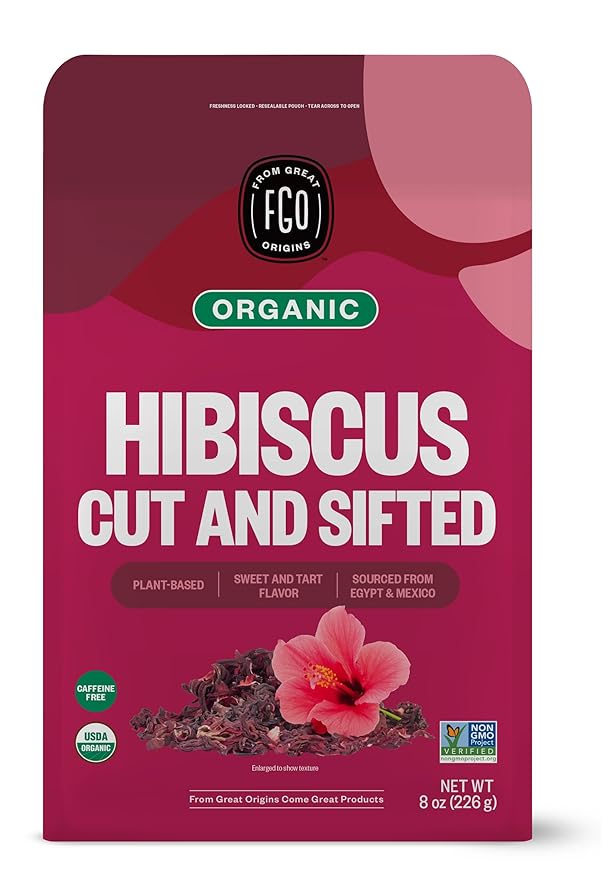 FGO Organic Hibiscus Flowers, Cut and Sifted, Loose Tea, 8oz Resealable Bag, Packaging May Vary (Pack of 1)