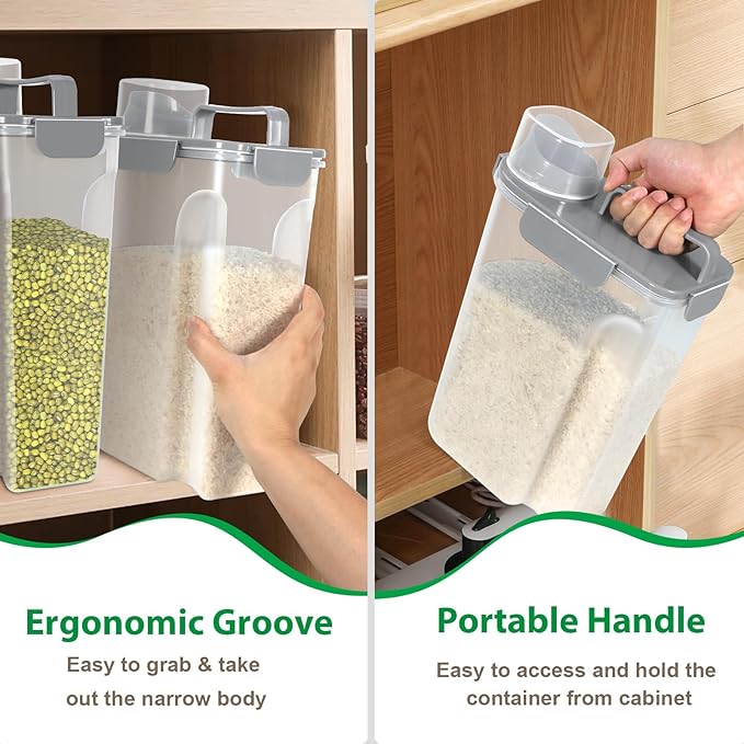 TBMax 2 Pack Airtight Rice Container 5 Lbs +10 Lbs, Cereal Container Oatmeal Storage with Easy-pouring Spout & Handy Cup for Flour Grain Beans, Pet Dog Cat Bird Food Storage Dispenser -Light Grey