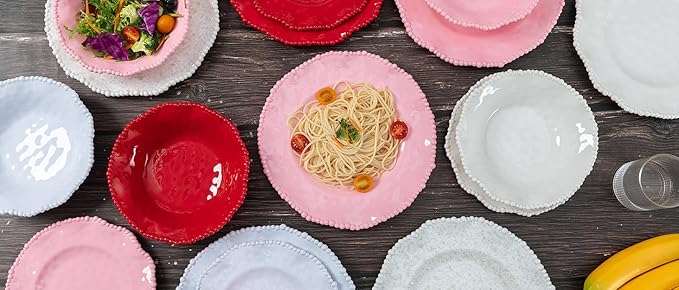 White Beaded Melamine 11 Inch Dinner Plates,Set of 6, Elegant Scalloped Pearl Serving Dishes plate, Unbreakable Dinnerware Dessert/Salad Plates, Dishwasher safe