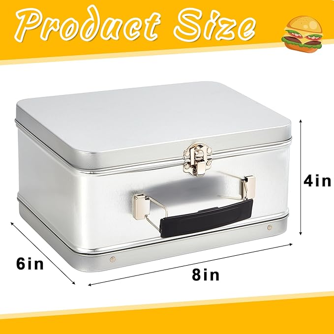 Rtteri 12 Pack DIY Lunch Box Tin Retro Set 8 x 6 x 4 Inches with Hinged Lids DIY Large Box for Storage Blank Design Vintage Metal Lunchbox for Kids Sandwich Containers (Silver)
