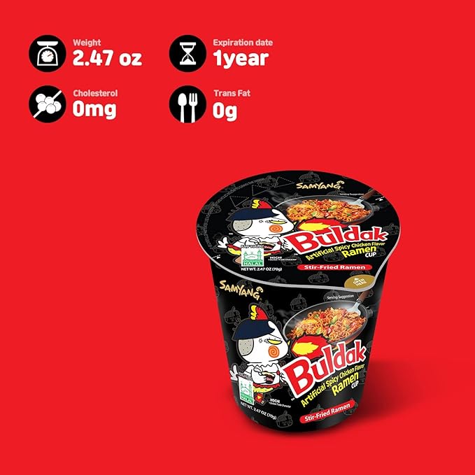 W&E Mart Ramen, Buldak Hot Spicy Chicken Ramen Noodle, Korean Stir-Fried, Original Flavor, Pack of 6 cups