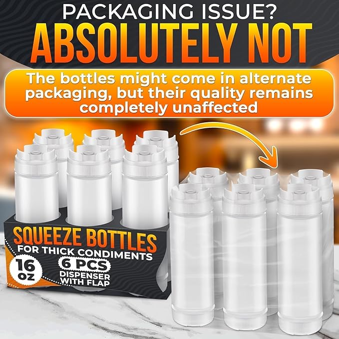 Set of 6 Condiment Squeeze Bottles for Sauces 16 oz – Easy-to-Fill Clear Bottles with Self-Closing Valve | Ready-to-Dispense for Dressings, Ketchup, Mustard & More, Durable, Reusable, Mess-Free Design