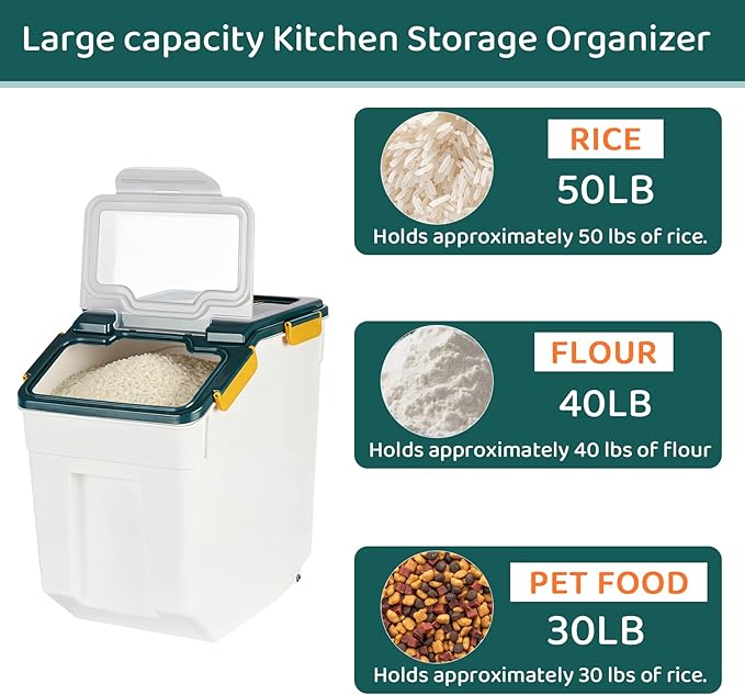 Rice Storage Container 50 lbs Large Household Flour Sugar Containers Airtight Grain Cereal Dispenser with Wheels, Locking Lid & Measuring Cup for Kitchen Pantry Organization, 2 Pack(Blue)