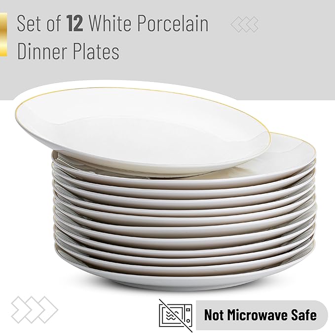 BTaT- White Porcelain Dinner Plates, Set of 12, 10.5" Gold Rimmed, Classic Style, Formal Dining