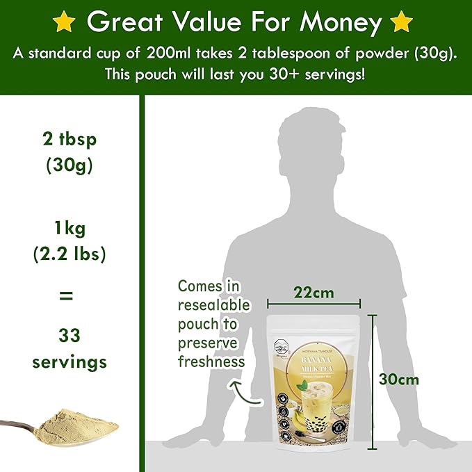 Banana Bubble Milk Tea Instant 3in1 Powder Mix - 1kg (33 Drinks) | For Boba Tea, Milkshake, Blended Frappe and Bakery | Authentic Taiwan Recipe | 0 Trans Fat, No Preservatives by Moriyama Teahouse