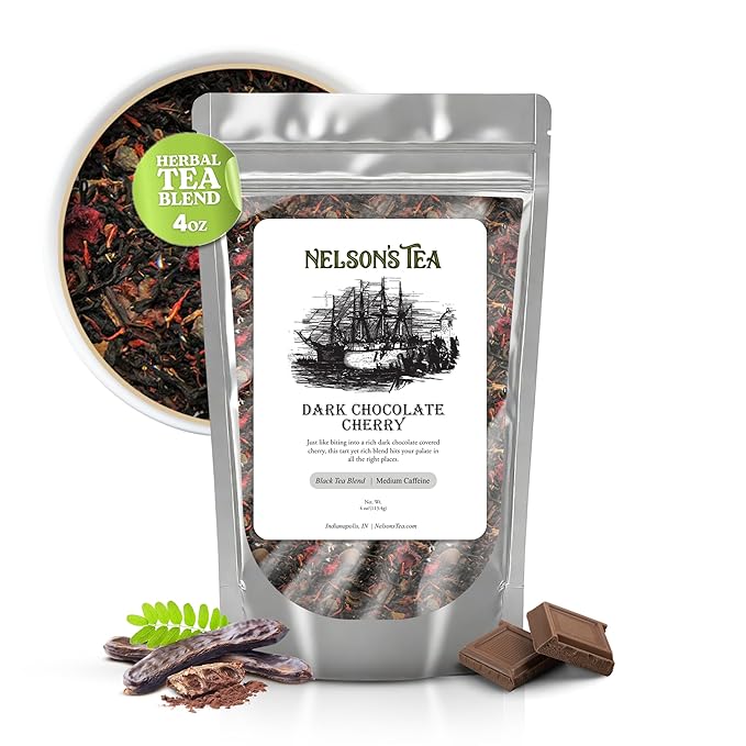 Nelson's Tea Dark Chocolate Cherry - Cut & Sifted Pu-erh Black Tea Loose Leaf with Rich Blend of Chocolate Chips, Wild Cherry Bark, Cacao Nibs and Dried Cherries - Medium Caffeine (4 oz)