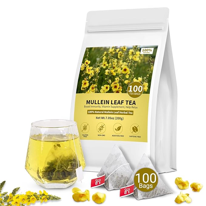Mullein Tea Bags for Lungs, 100% Pure Mullein Leaf Tea for Lungs Cleanse and Respiratory Support, Caffeine Free, No Additives, Non-GMO (1 Pack/100 Bags)