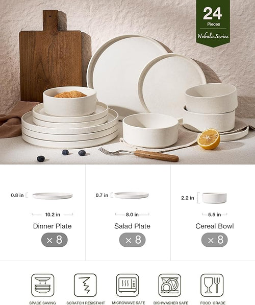 Famiware Nebula Plates and Bowls Sets, 24 Pieces Stoneware Dinnerware Sets, Reactive Glaze Dish Set, Dishes Set for 8, Matte Beige White